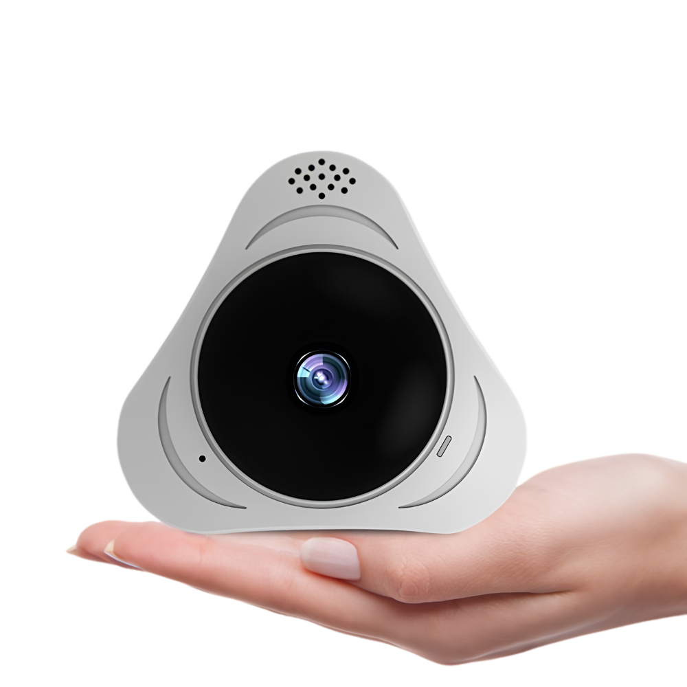 Telecamera di sicurezza domestica panoramica 3D a forma di piatto volante, tenuta in mano.