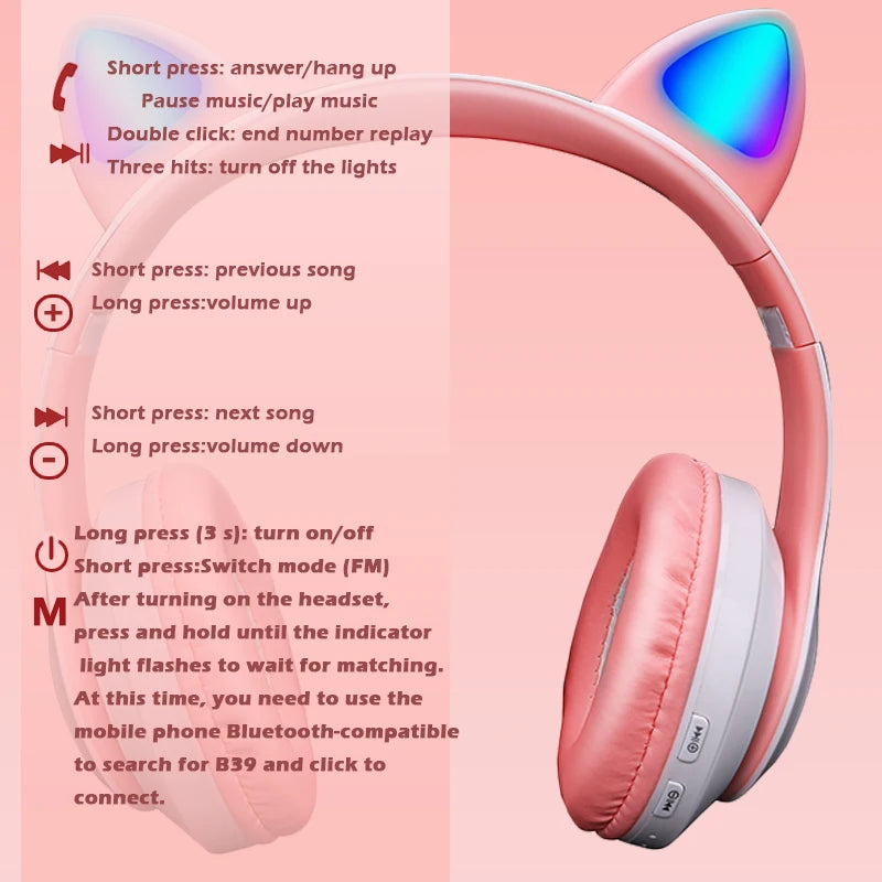 Cuffie Auricolari Bluetooth Fatto Orecchie Luci LED Simpatiche Diversi Colori Ironiche Ricaricabili Microfono Accessori Elettronica - POWER SMARTECH