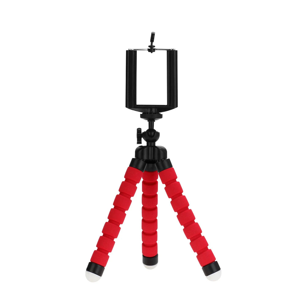 Mini tripod rosso flessibile con clamp per smartphone, supporto versatility per fotocamera mobile.