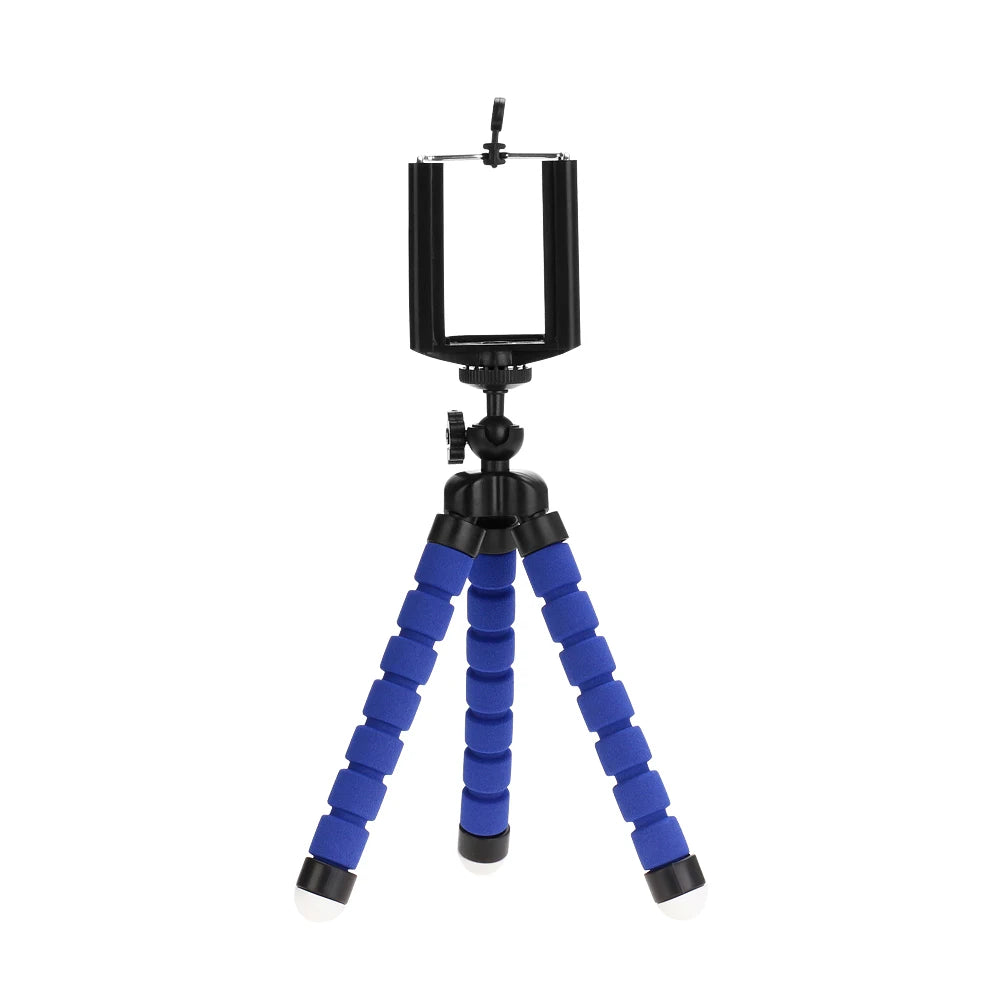 Mini treppiede flessibile blu con morsetto per smartphone, supporto versatile ad octopus per cellulare e fotocamera mobile.