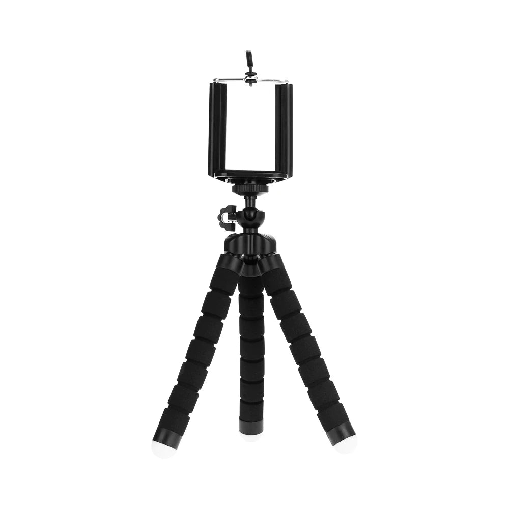 Mini treppiede flessibile nero per smartphone con supporto clip e gambe摩根 style adatte a qualsiasi superficie.