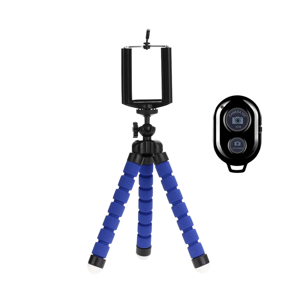 Tripode octopus blu flessibile con clip per smartphone e remote shutter wireless per fotocamera mobile.