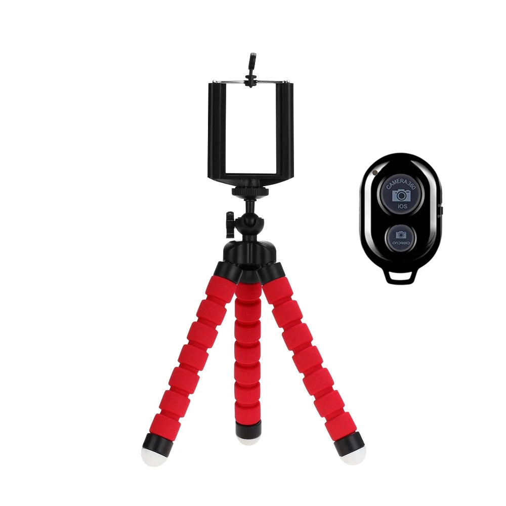 Mini treppiede rosso flessibile per smartphone con clip e telecomando wireless per scatta foto remotely.