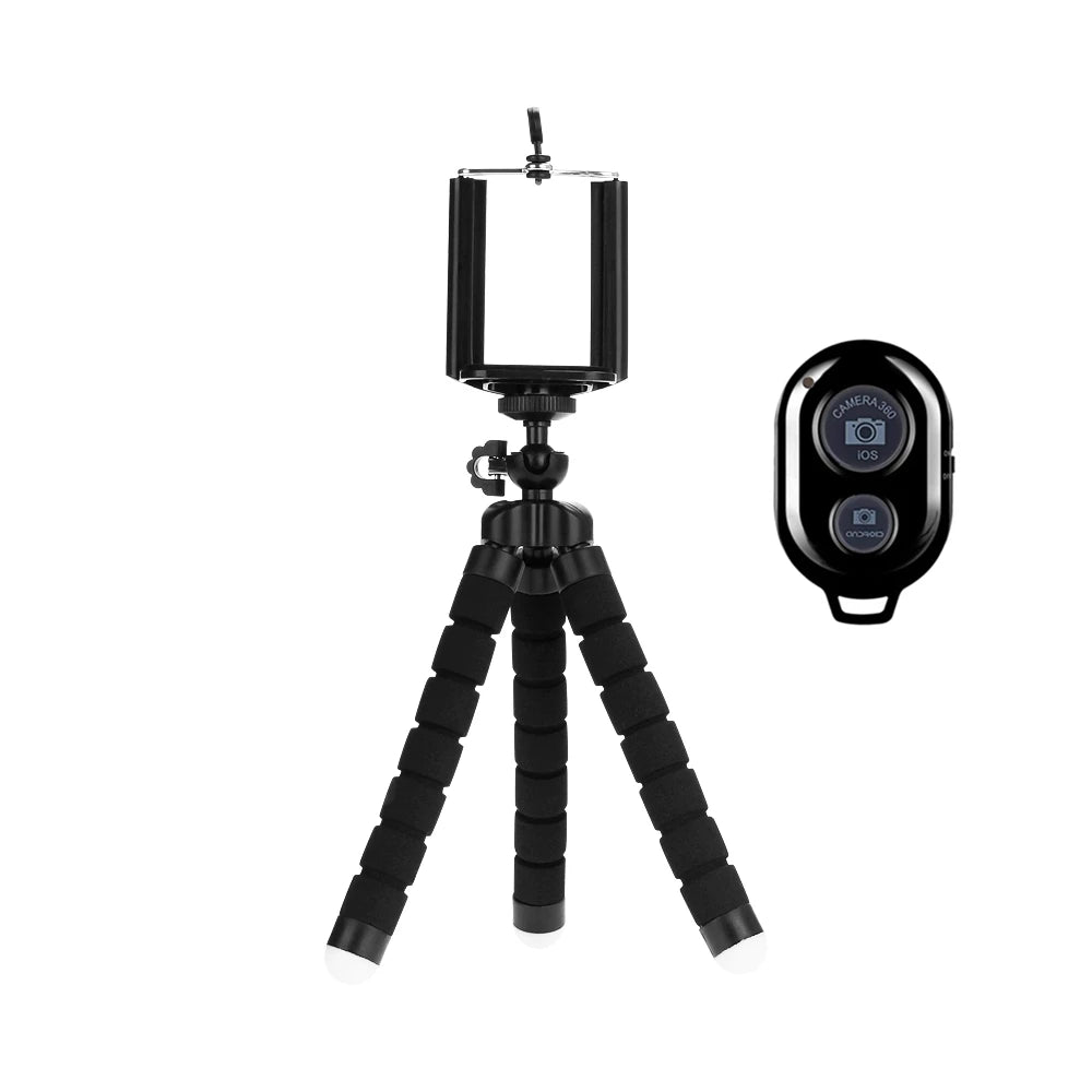 Mini treppiede flessibile octopus per smartphone con supporto clip e remote shutter Bluetooth.