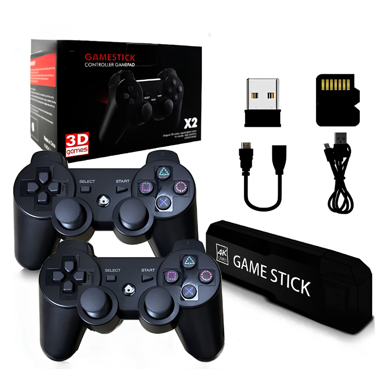Manico ricaricabile per console TV domestica: due controller, game stick, cavi USB e HDMI, manuale, confezione colorata.