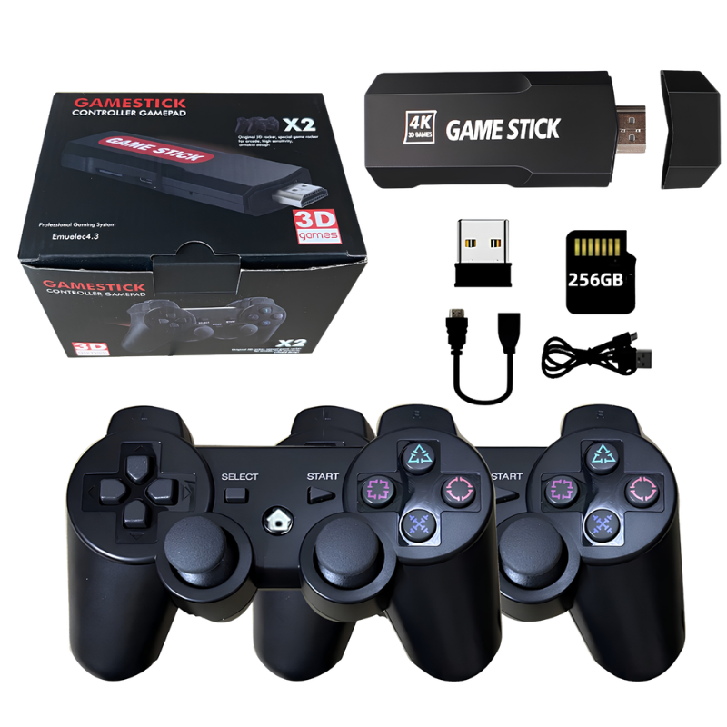 Confezione con due controller ricaricabili per console TV domestica, dongle HDMI, cavi USB e manuale, stile retrò