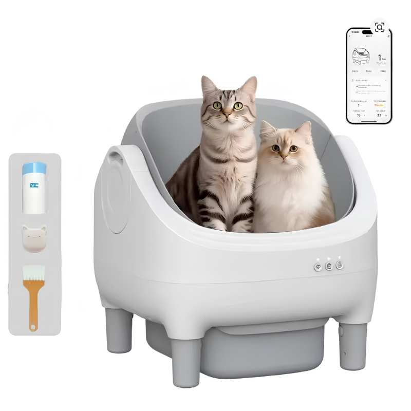 Lettiera autopulente 75L per gatti con monitor in tempo reale via app, WiFi 2.4G, spazzola e sacchetti; aromaterapia.