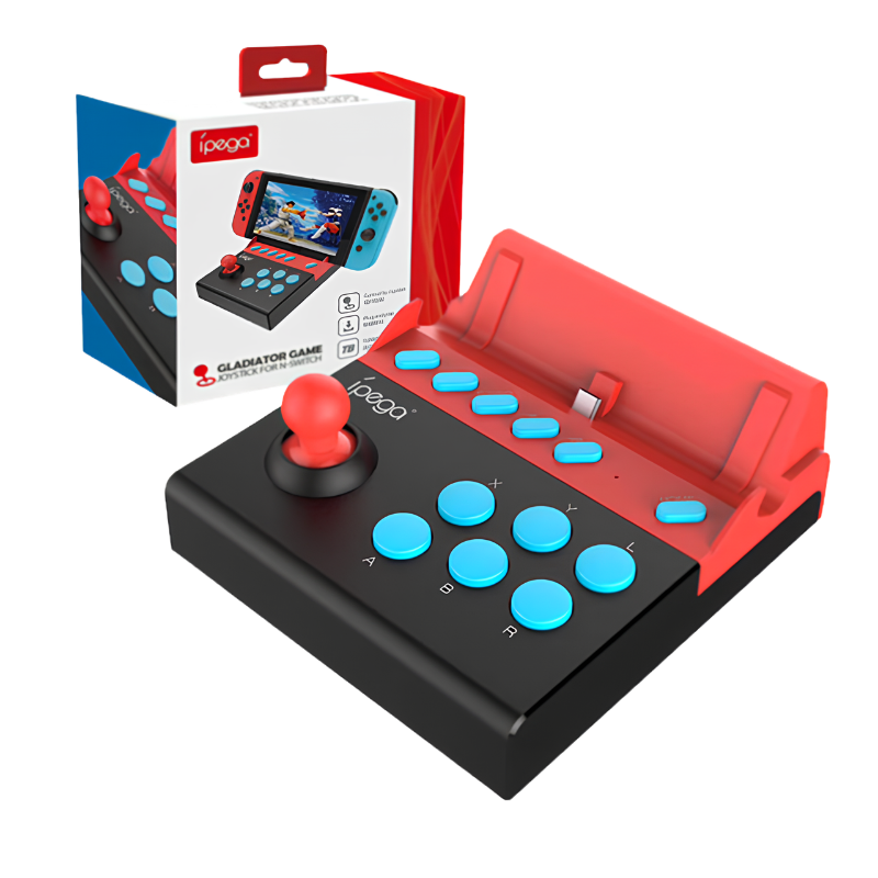 Fighting Stick Gaming Controller PG-9136 con joystick singolo, pulsanti blu su corpo nero/rosso, confezione ipega