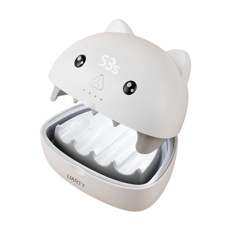 Lampada fototerapia LED per unghie, a forma di gatto bianca, aperta con vassoi per unghie e asciugatura rapida