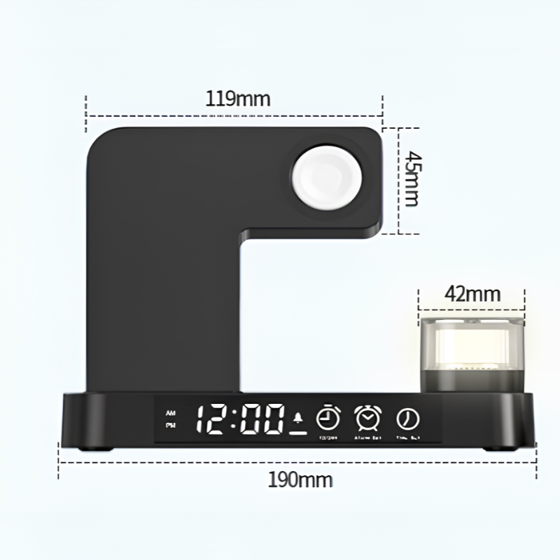 Stazione di ricarica wireless 4 in 1 con orologio sveglia, supporto pieghevole e luce notturna RGB, misure illustrate.