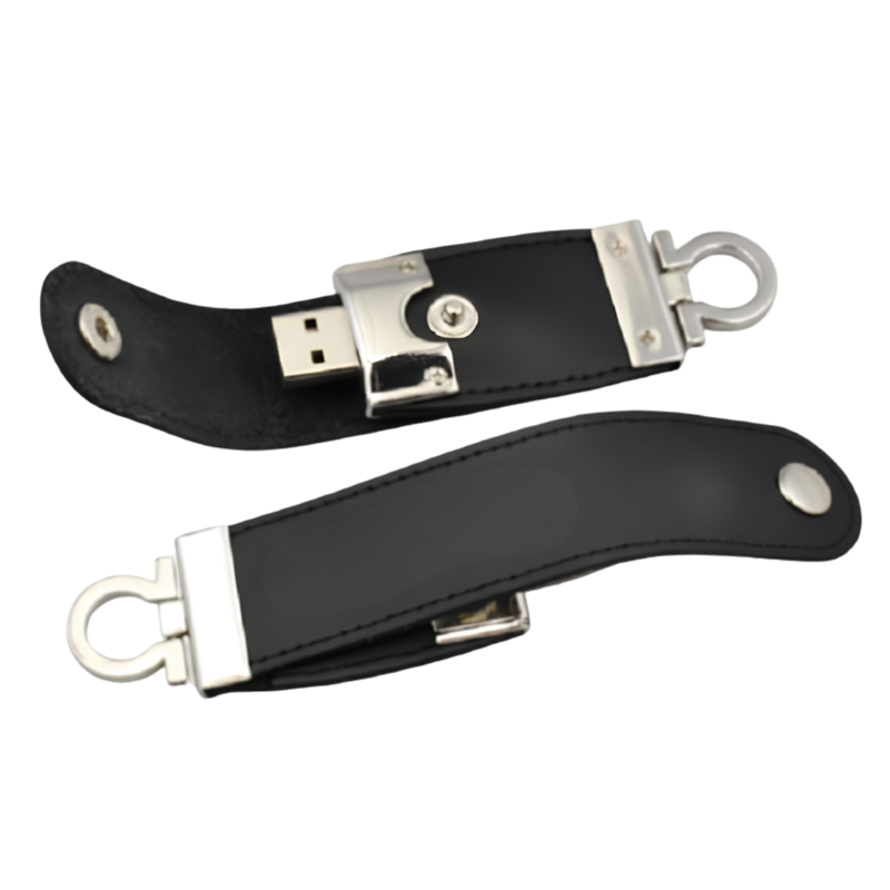 Chiavetta USB 2.0 in ecopelle nera con anello metallico e clip, stile creativo