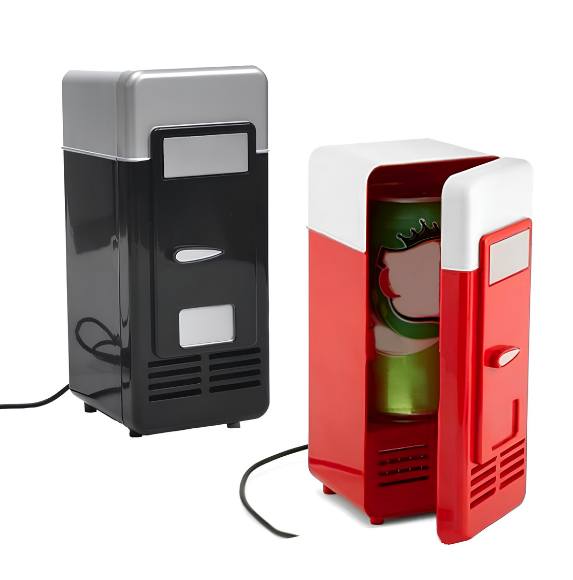 Mini frigorifero USB per bevande: raffredda e riscalda, design compatto, leggero, per casa o ufficio.