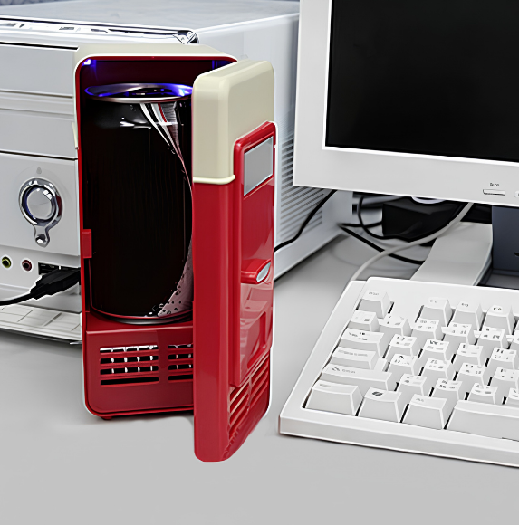 Mini frigorifero USB portatile rosso, raffredda e riscalda bevande, alimentato USB 5V, per casa e ufficio.