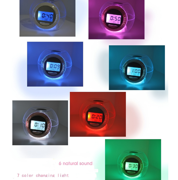 Sveglia colorata con luci che cambiano colore e suoni naturali: uccelli, polli, anatre, oche e bovini.