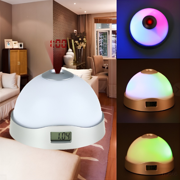 Sveglia proiettore con luce notturna, corpo bianco a cupola; dimensioni 86x97x64 mm, batteria AAA non inclusa