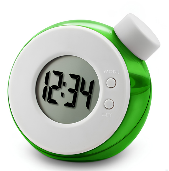 Orologio allarme digitale alimentato ad acqua, elemento magico, corpo verde con cornice bianca e display.