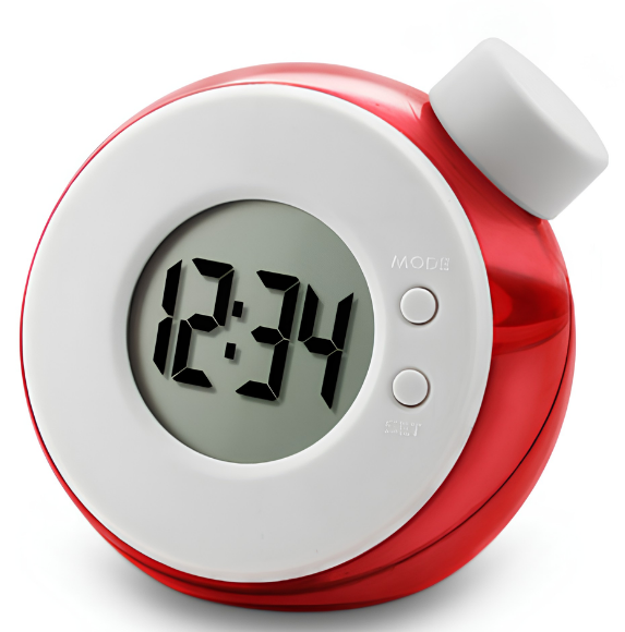 Orologio allarme digitale alimentato ad acqua, modello Magic element water, piccolo rosso con display 12:34.