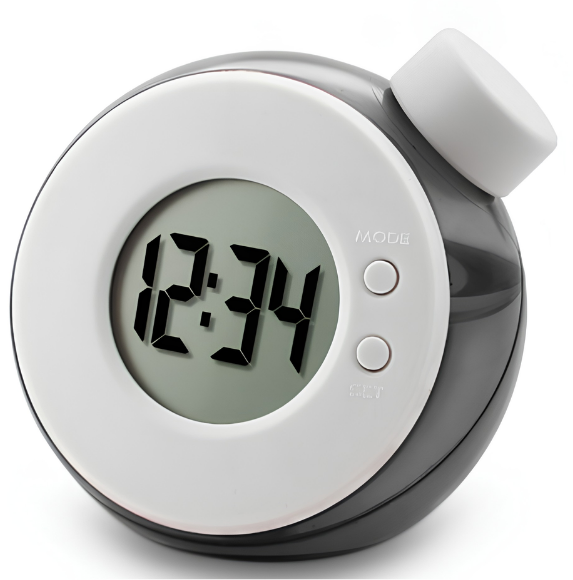 Orologio allarme Magic element water con cornice bianca e corpo grigio, display digitale 12:34