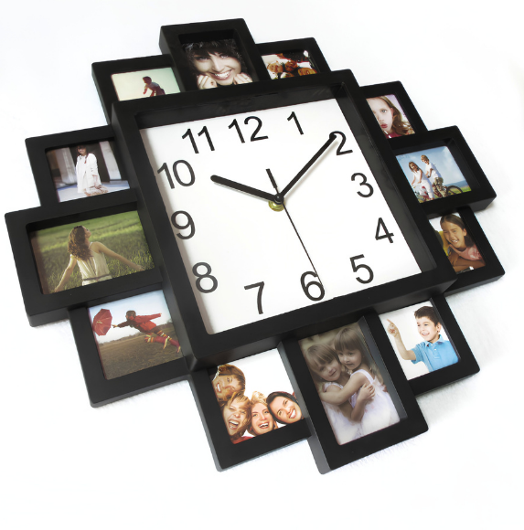 Orologio da parete quadrato con cornici fotografiche multiple; design creativo, silenzioso, decorazione per soggiorno.