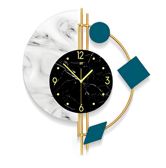 Orologio da parete moderno con quadrante nero marmorizzato, dettagli dorati e elementi teal geometrici