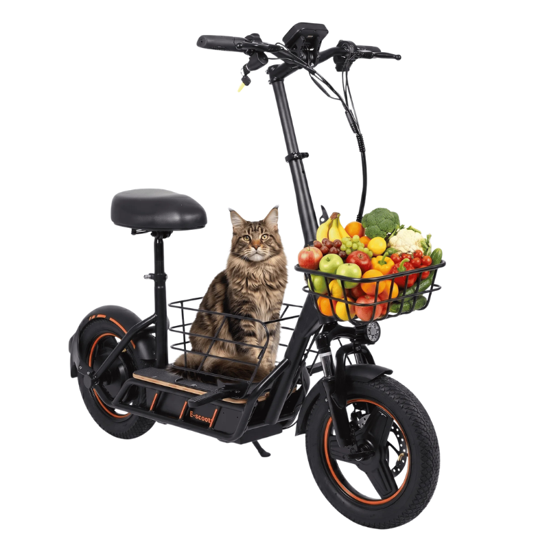 Scooter elettrico per adulti con sedile e cestino davanti pieno di frutta e verdura, gatto a bordo.