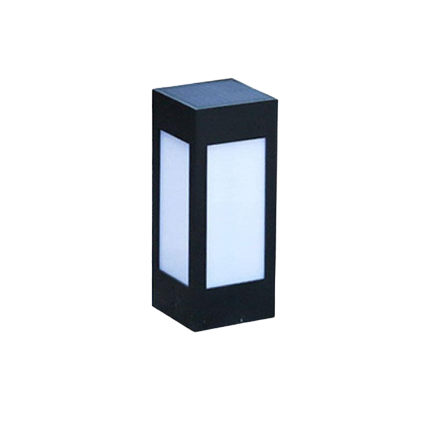 Lampione solare da giardino a colonna nera con pannelli LED, illuminazione esterna impermeabile.