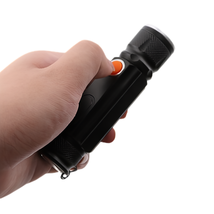 Torcia multifunzione in alluminio, LED T6+COB, ricaricabile 18650, pulsante arancione, per campeggio e escursionismo