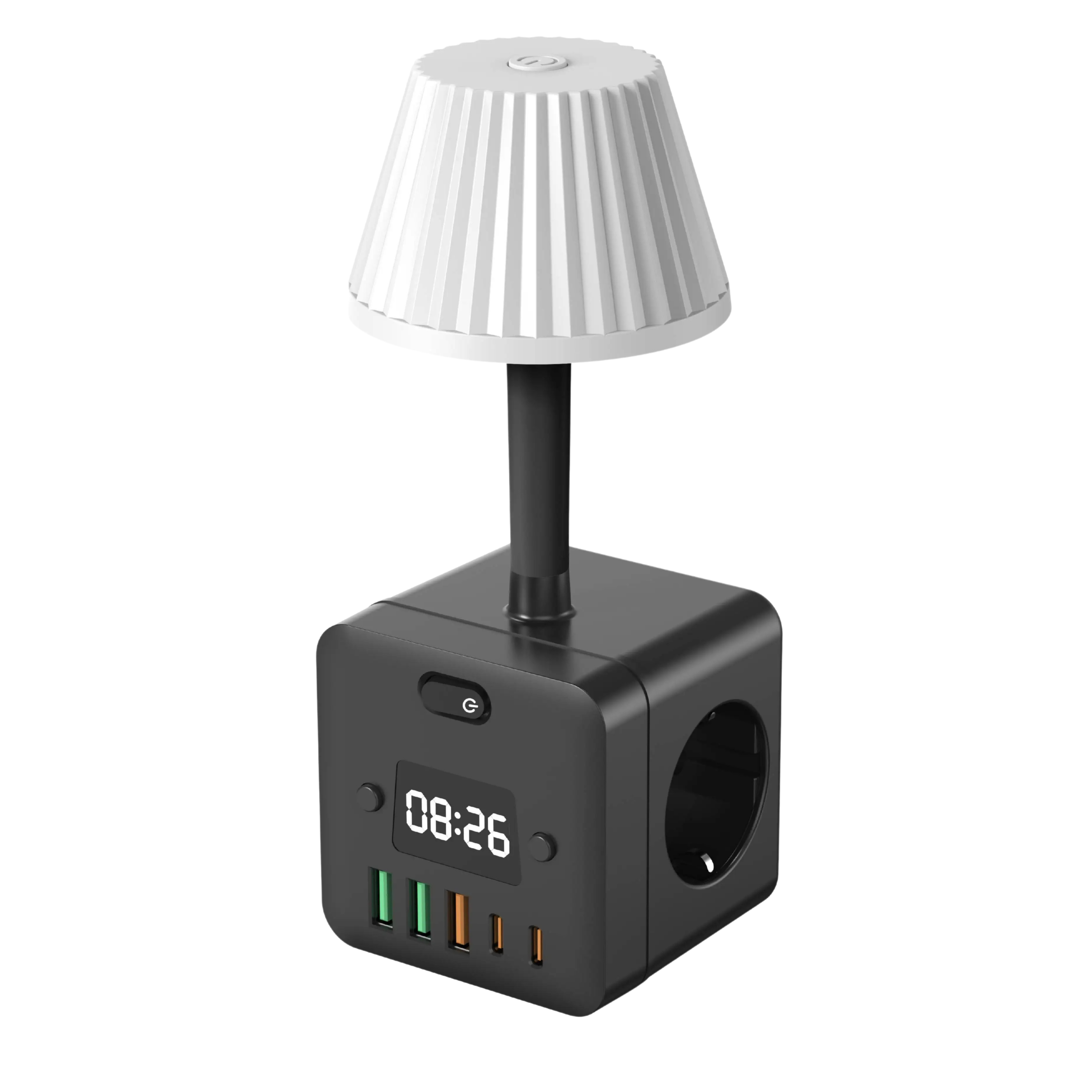 Multipresa con orologio integrato: 3 prese, 3 USB-A, 2 USB-C, protezione, interruttore, luce notturna regolabile