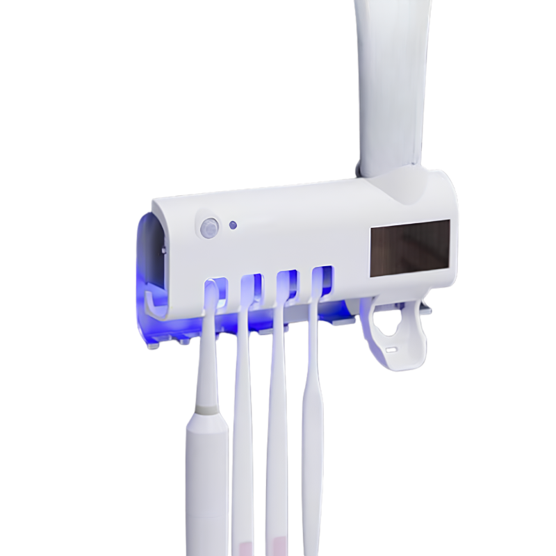 Sterilizzatore UV intelligente per spazzolini con spremi dentifricio automatico e porta-spazzolini, design elegante.