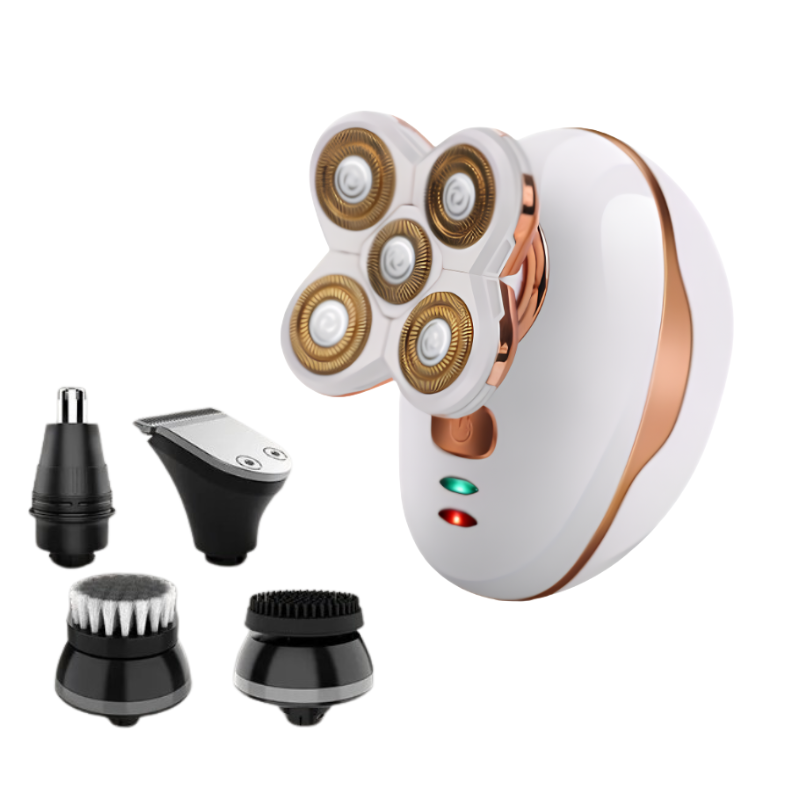 Rasatura elettrica multifunzione 4D con quattro teste rotanti dorate, manico bianco-rosa, impermeabile IPX7