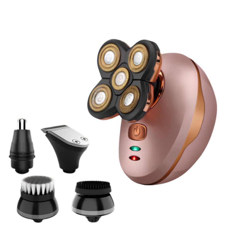 Rasatura elettrica 5 in 1 con 5 testine flottanti indipendenti 4D, corpo rosa dorato, impermeabile IPX7
