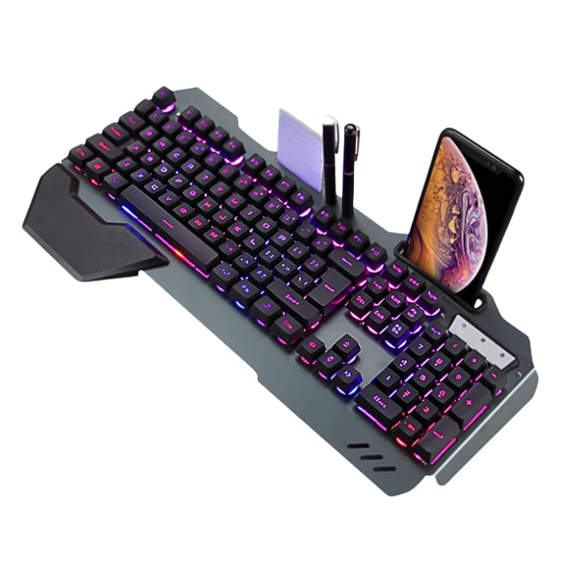Tastiera meccanica cablata per gaming con RGB 16 modalità, nero, porta telefono, slot penna e carte, ergonomica.
