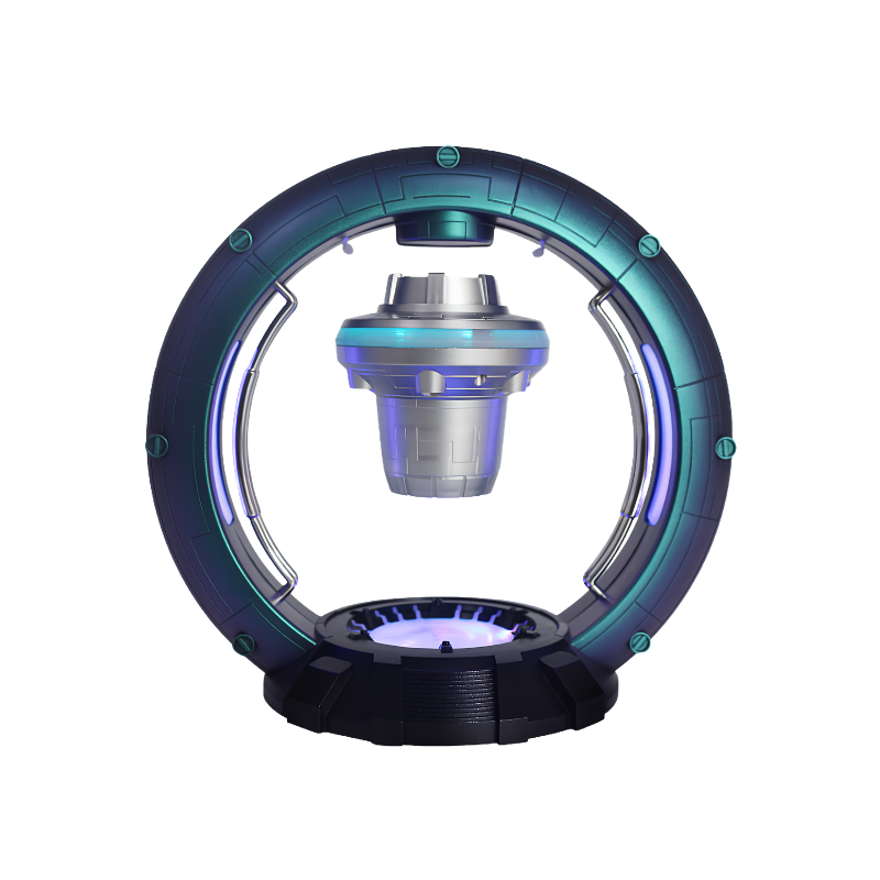 UFO navicella levitante magneticamente dentro anello circolare con luci respiranti e altoparlante Bluetooth.