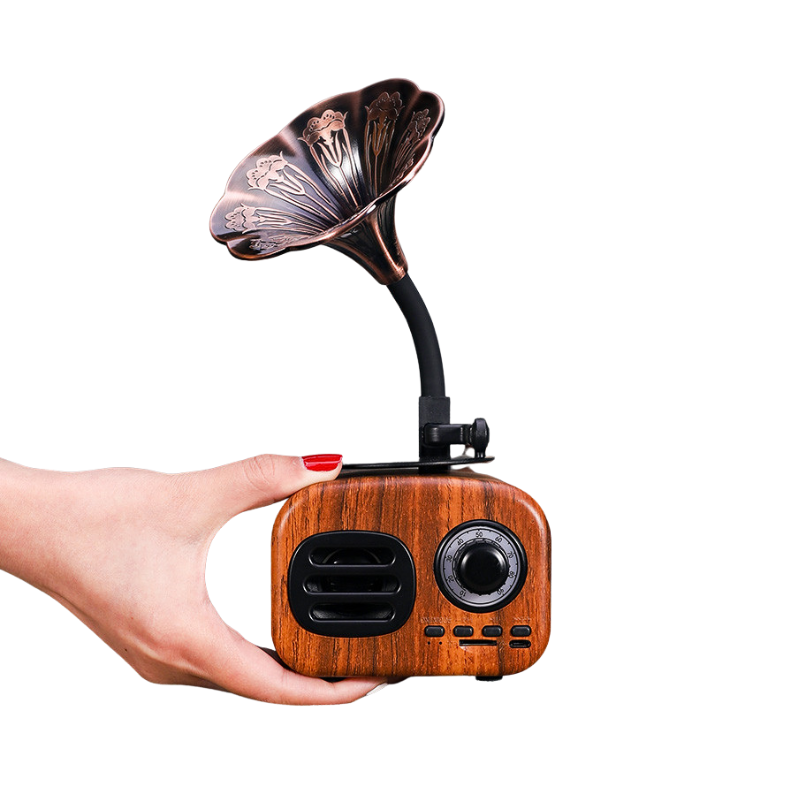 Altoparlante Bluetooth retrò in legno con tromba da grammofono, USB, batteria 1200mAh, 5W