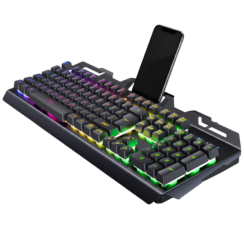 Tastiera da gioco meccanica RGB, 104 tasti, interfaccia USB, supporto per smartphone incluso.