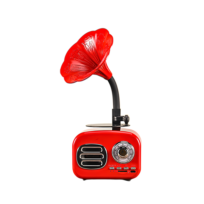 Diffusore Bluetooth retrò rosso con tromba da grammofono, USB, batteria 1200mAh, 5W