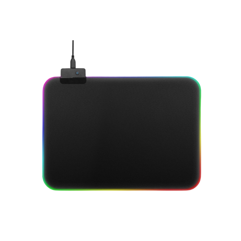 Tappetino da gioco per mouse con illuminazione LED sui bordi; dimensioni 800x300x4 mm, materiale tessuto e gomma.