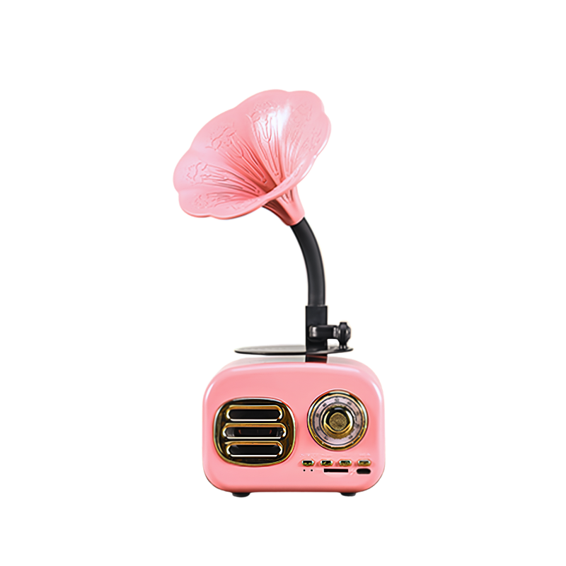 Speaker Bluetooth retrò rosa con tromba decorativa, USB, batteria 1200mAh, 5W, 100Hz-20kHz, SNR ≥70dB.