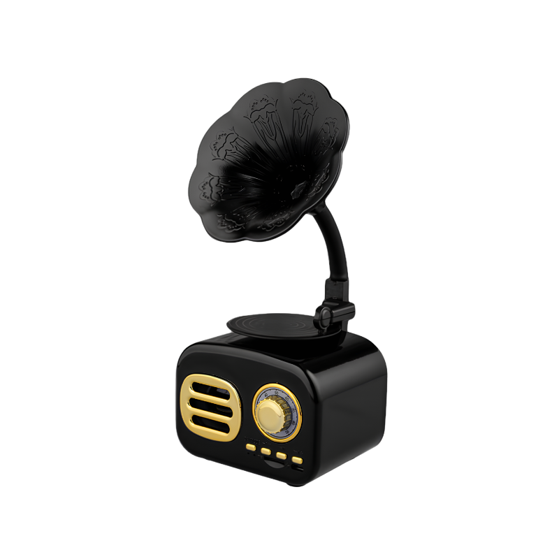 Altoparlante Bluetooth retrò con tromba da grammofono nero, USB, batteria 1200mAh, 5W, 100Hz-20kHz, S/N ≥70dB