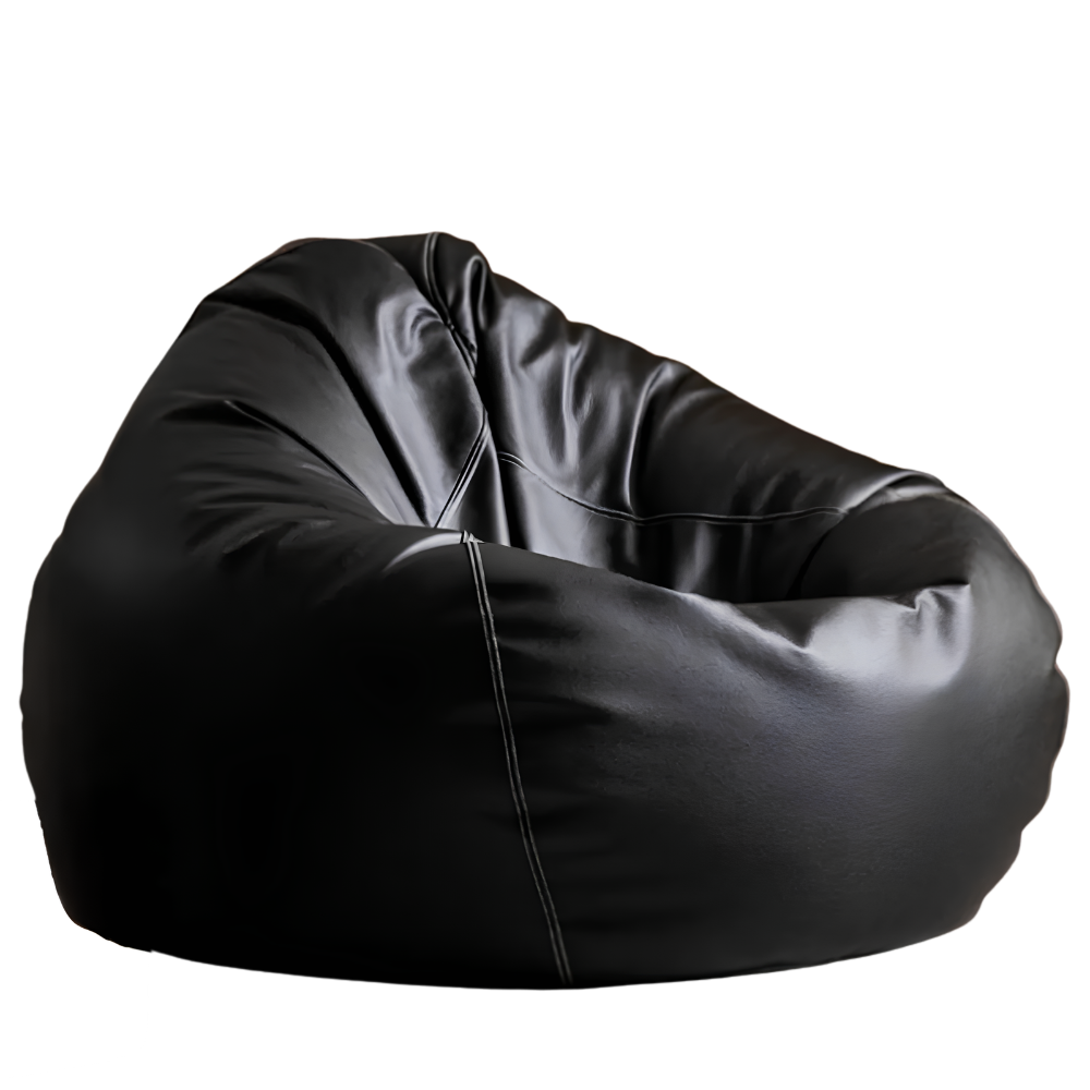 Poltrona a sacco in ecopelle nera imbottita, diametro 70 cm.