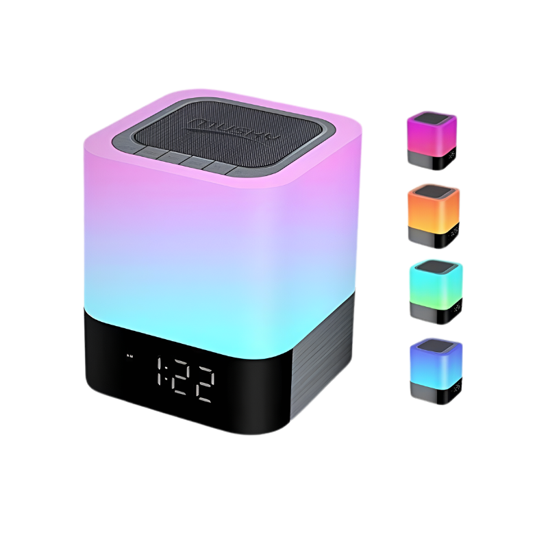 Diffusore Bluetooth con luci LED a gradiente, cubo 100x100x112 mm, display LED frontale, luce multicolore.