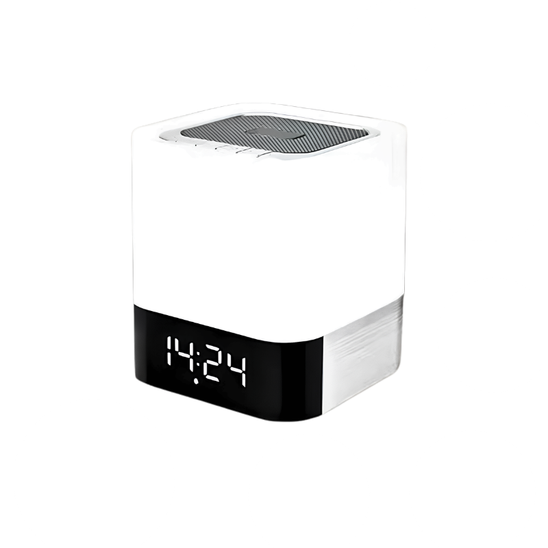 Altoparlante Bluetooth bianco con luce notturna LED e display a segmenti sul fronte nero.