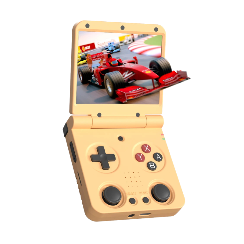 Console portatile retrò con cerniera in metallo, schermo IPS 3,5'', due stick analogici, compatto, lunga batteria.