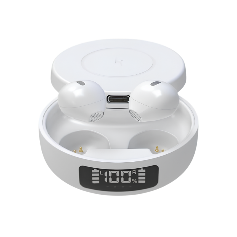 Auricolari wireless Bluetooth 5.0 stereo con custodia di ricarica e indicatore batteria al 100%.
