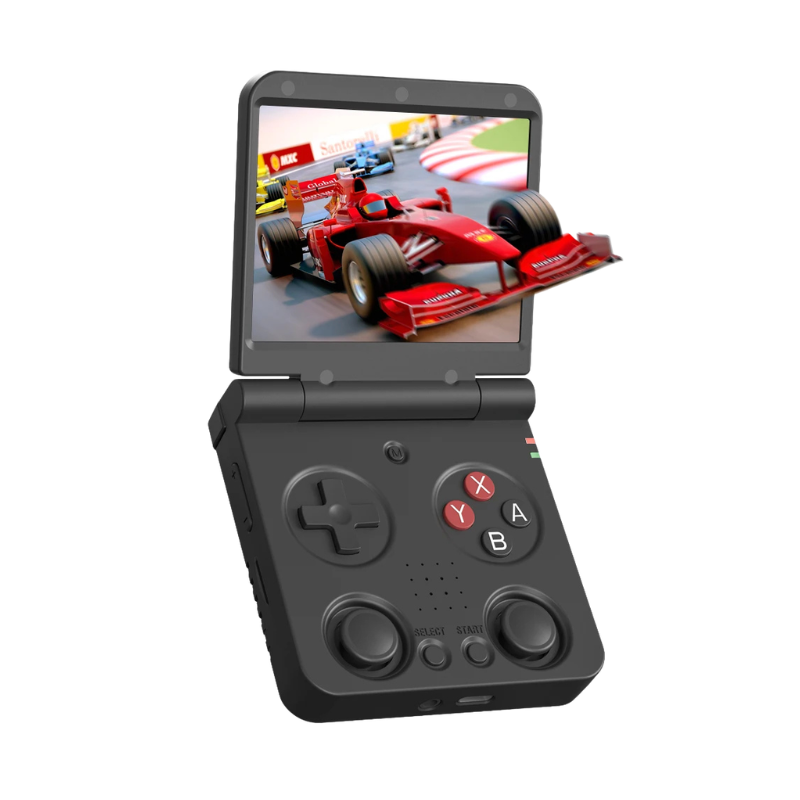 Console portatile retrò con cerniera in metallo, schermo IPS da 3,5'', due stick analogici, lunga durata batteria.