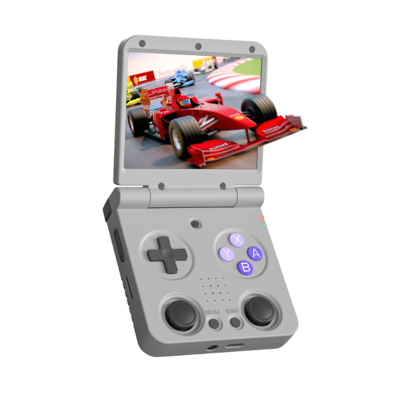 Console retrò portatile con cerniera in metallo, schermo IPS 3,5'', due joystick analogici e lunga batteria.