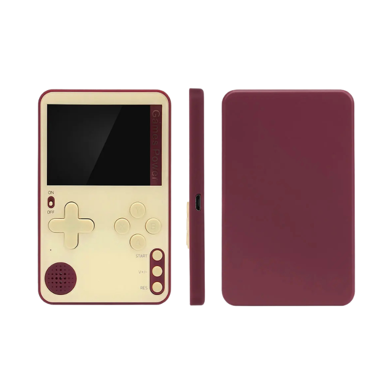Console portatile retrò con schermo LCD, guscio crema e bordi burgundy, 500 giochi classici inclusi