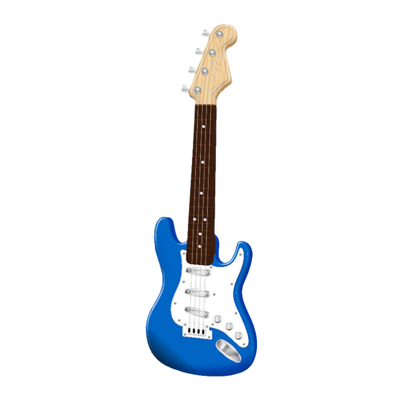 Chitarra giocattolo elettrica a quattro corde, blu, per principianti, circa 43 cm, corpo con pickguard bianco.