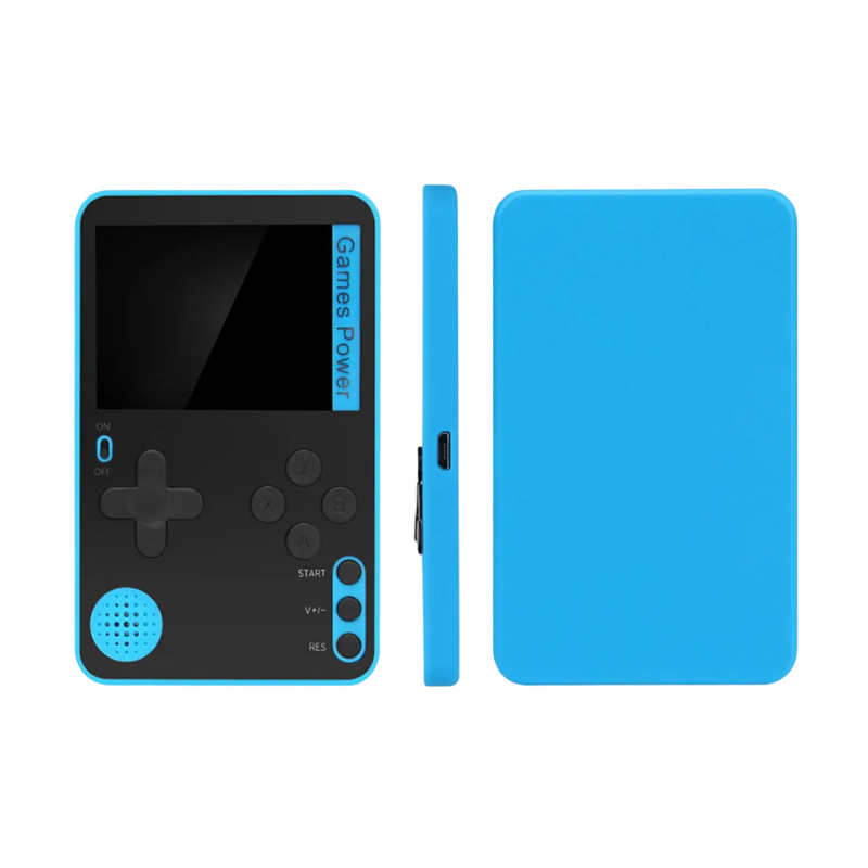 Console portatile azzurra per videogiochi retrò con schermo LCD, D-pad e pulsanti, ricaricabile.