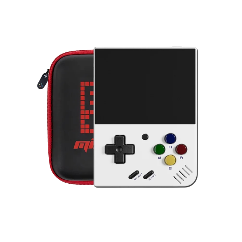 Consola portatile retrò, 3,5 pollici IPS, D-pad, pulsanti colorati, custodia rossa sullo sfondo